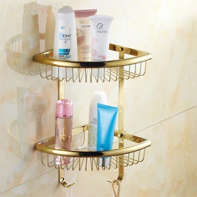 DecorBites™ Brass and Crystal Bathroom Accessories Set: Shelf, Robe Hook, Paper Holder, Brush Holder