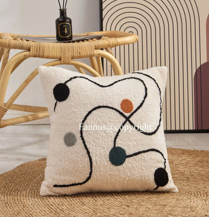 DecorBites™ Lambswool Face Embroidered Cushion Cover 45x45 - Beige White Abstract Art Pillowcase