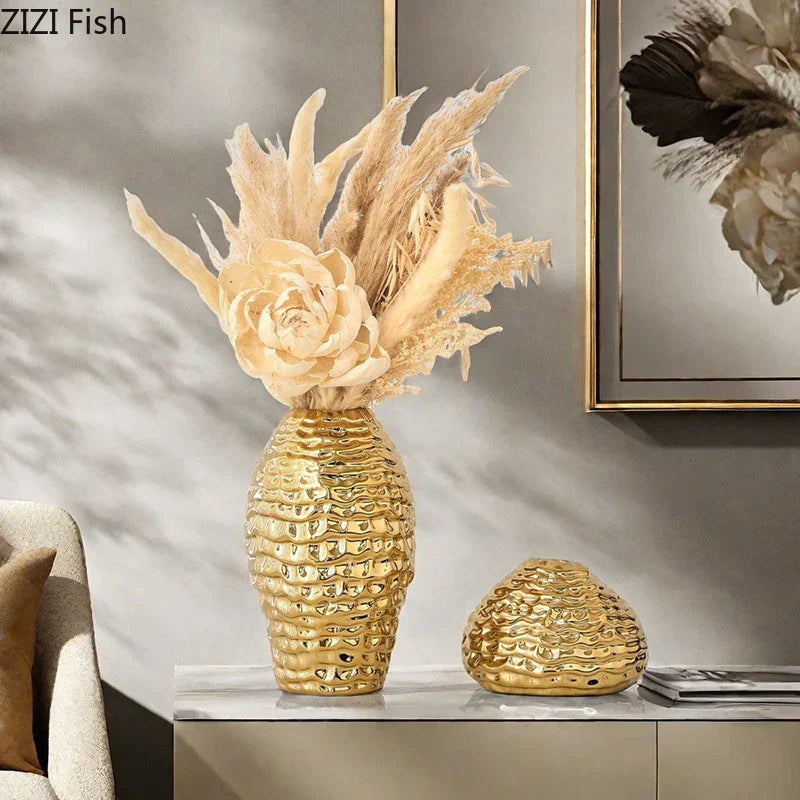 DecorBites™ Golden Wrinkle Ceramic Vase - Desk Decoration, Gold-plated Floral Pots for Aesthetic Room Decor