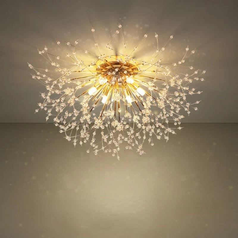 DecorBites™ Golden Dandelion Crystal Chandelier: Warm Nordic LED Ceiling Lamp for Romantic Living Room.