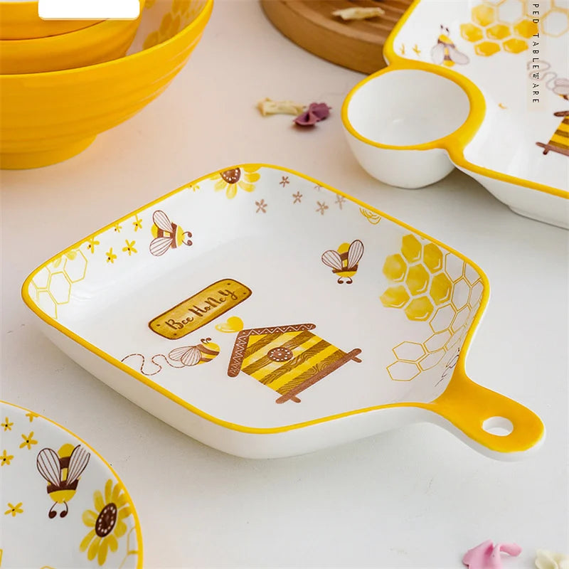 DecorBites™ Little Bee Ceramic Plate with Handle: Multifunctional Baking Tray for Desserts & Snacks