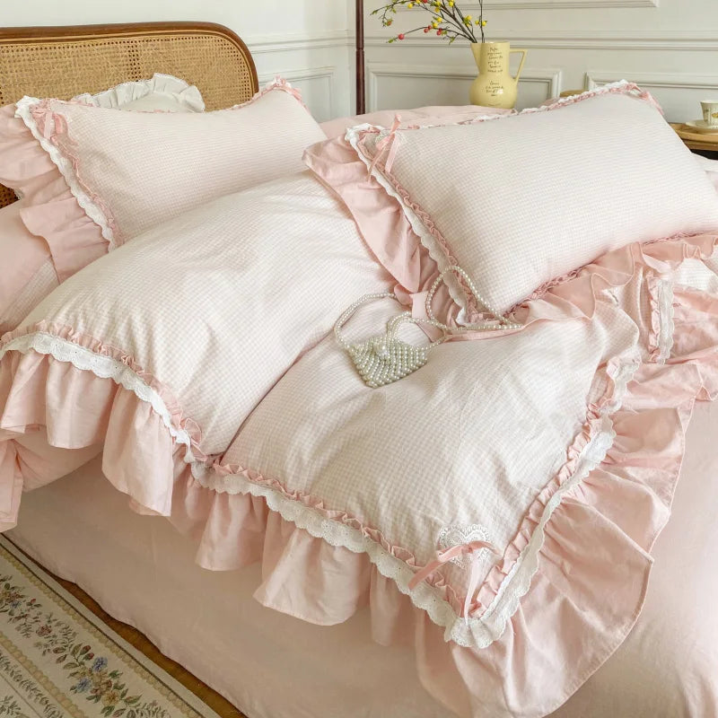 Decobites Blue Pink Lattice Bedding Set: Princess Ruffles Bow, 100% Cotton Quilt Cover, Sheet, Pillowcases