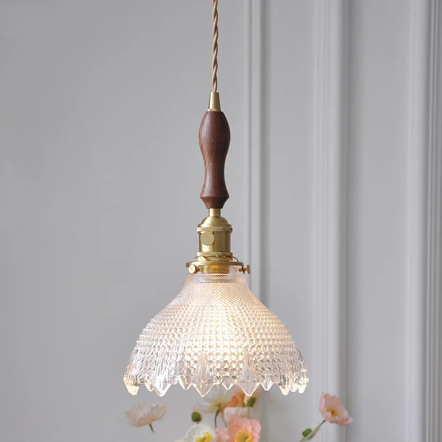 DecorBites™ Green Glass LED Pendant Lamp with Copper Wood Handle for Modern Nordic Home Decor