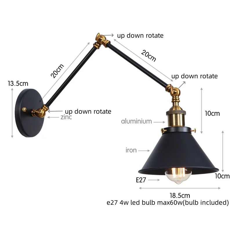 Lámpara de pared LED de hierro Decorbites™ con interruptor de cadena Industrial Vintage para ático y escalera
