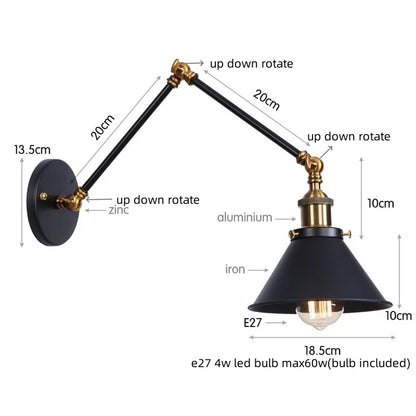 Decorbites™ Industrielles Loft-LED-Wandleuchte Schwarz Vintage Schwingarm-Spiegel-Licht