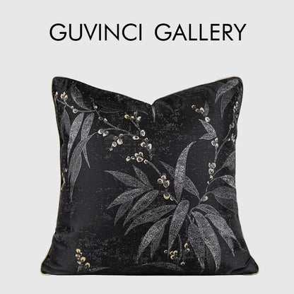 DecorBites™ Black & Gold Floral Jacquard Throw Pillow Cover Oriental Art Case