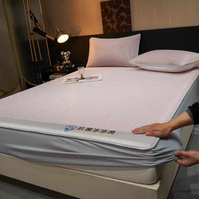 DecorBites™ Antibacterial Ice Silky Soft Fitted Sheet Set, Striped Geometric Pattern, Breathable Mattress Cover