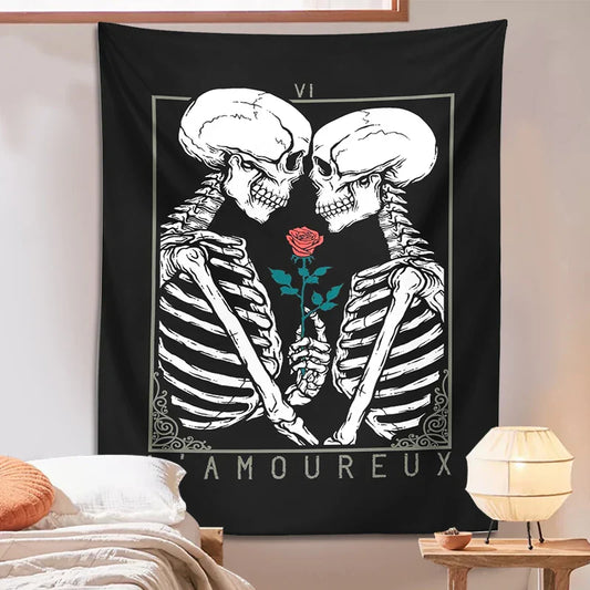 Decobites Kissing Lovers Tarot Tapestry: Skeleton & Rose Hippie Room Decor