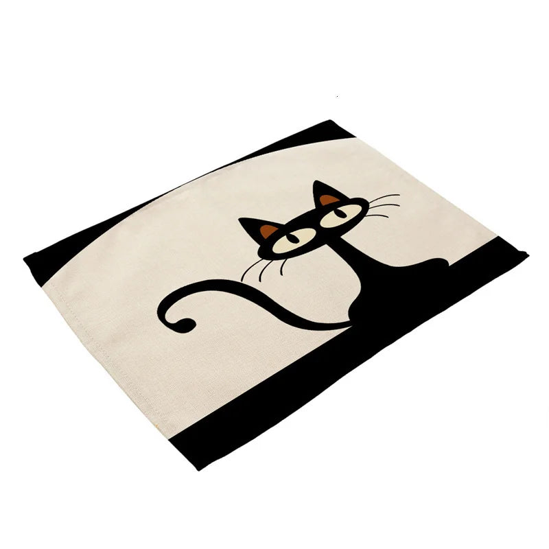 DecorBites™ Black Cat Linen Placemat Set for Dining Table & Kitchen Decor
