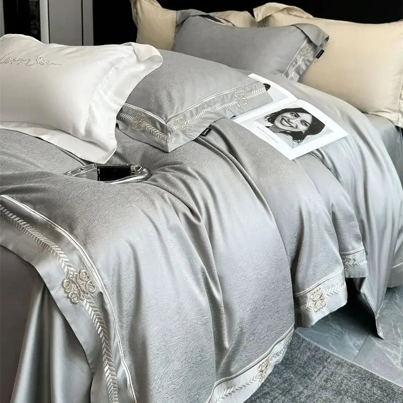 Decobites Luxury Embroidered Jacquard Bedding Set - Soft, Silky, Breathable Cotton Duvet Cover Set