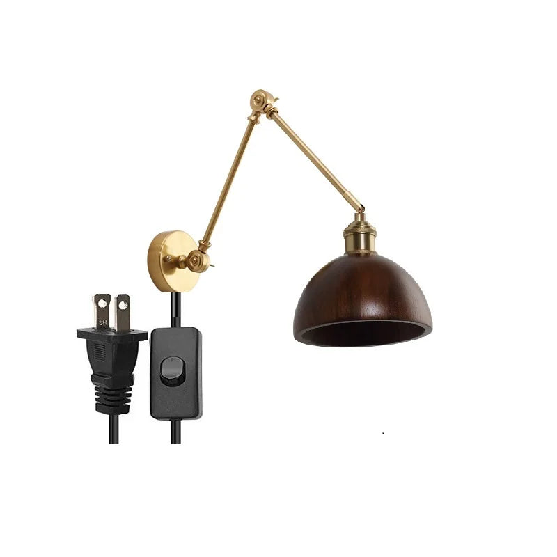 DecorBites™ مصباح حائط LED بذراع دوارة نحاسية مع مفتاح سلسلة سحب، مصباح خشبي نورديك عصري