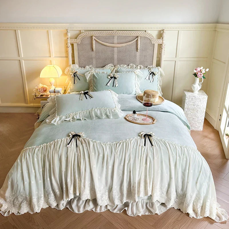 DecorBites™ Lace Ruffles Princess Bedding Set, Velvet Duvet Cover, Plush Bed Sheet, Pillowcases