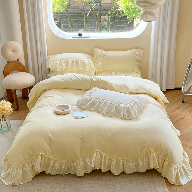 DecorBites™ Lace Ruffles Bedding Set in Pearl White Cream Yellow Princess Cotton