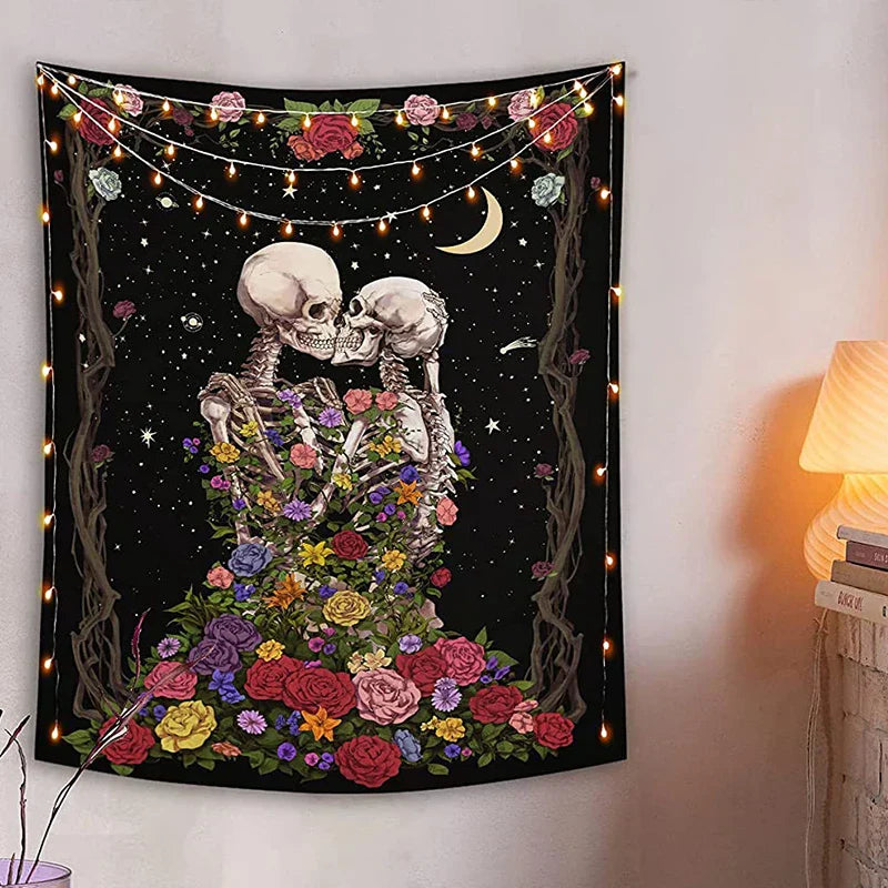 Decobites Skull Lovers' Kiss Tapestry - Colorful Roses and Tarot Skeleton Wall Hanging