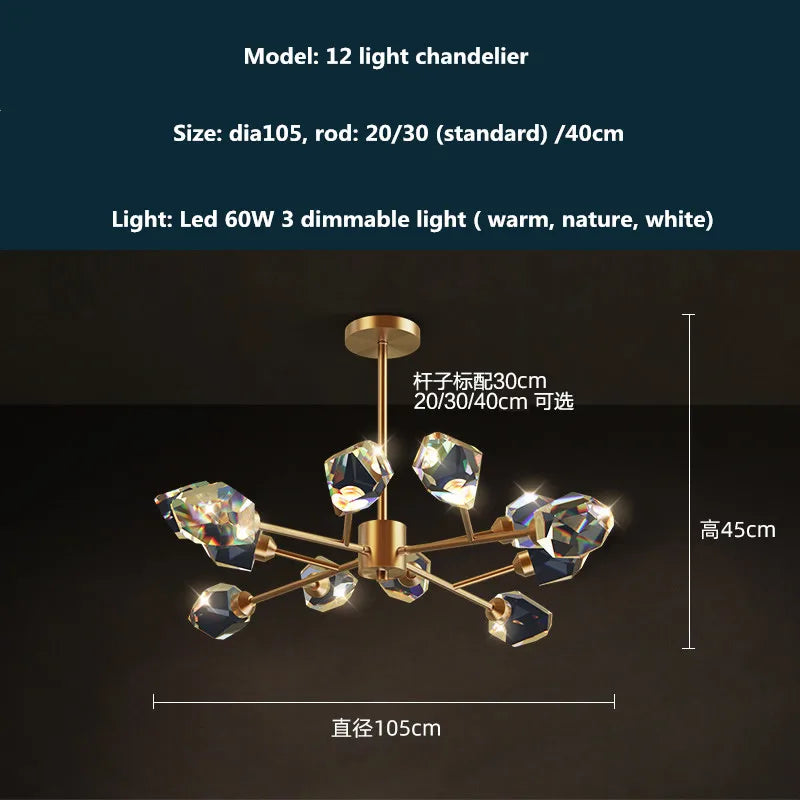 ثريا كريستالية قابلة للتعتيم من ديكوربايتس™ مزودة بثلاث مصابيح LED نحاسية