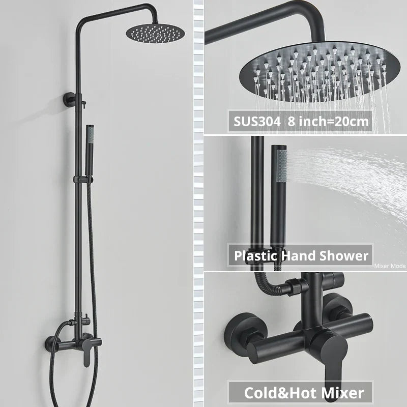 مجموعة صنبور دش DecorBites™ الأسود مع رأس دش مطري وصنبور خلاط مثبت على الحائط