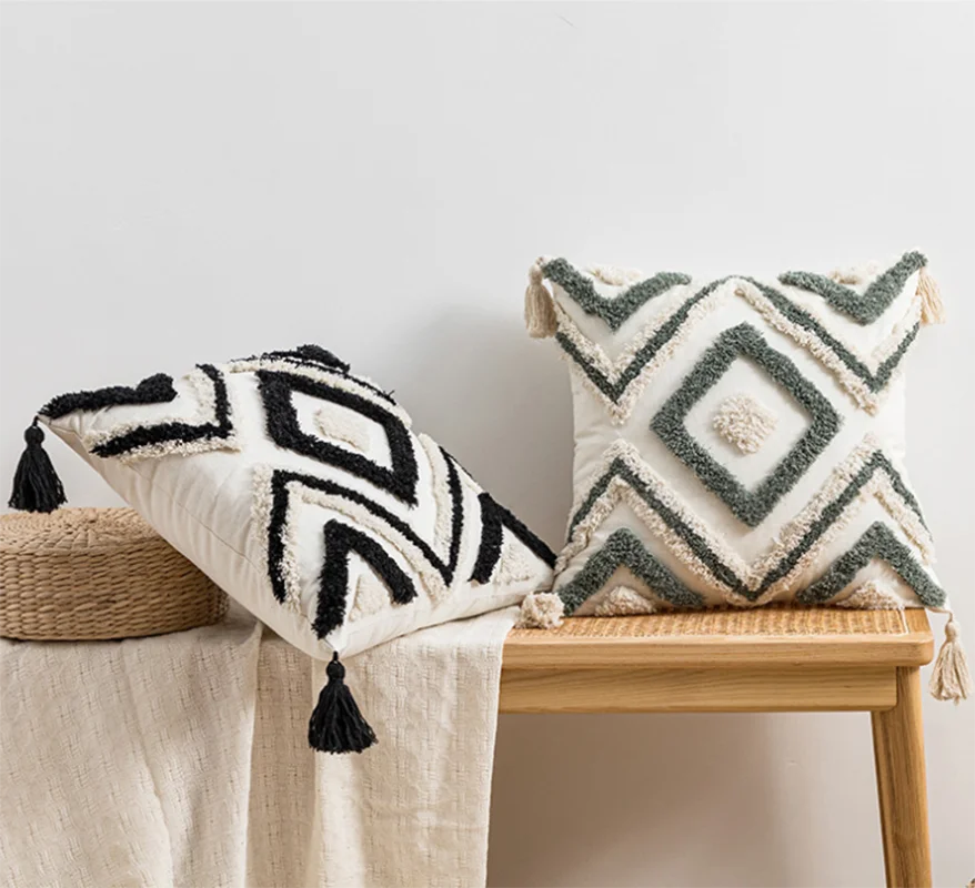 غطاء وسادة ديكوربايتس™ بتطريز هندسي بوهو، غطاء وسادة مزخرف للأريكة، قماش قطني