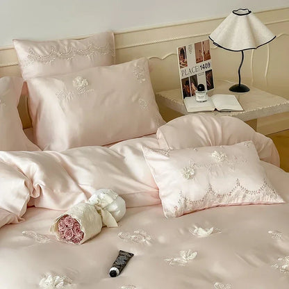 Decobites Pink Flower Embroidered Lyocell Bedding Set - High-end Duvet Cover Set