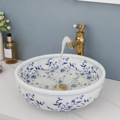DecorBites™ Blue & White Porcelain Basin Set with Bamboo Faucet and Pop Drain.