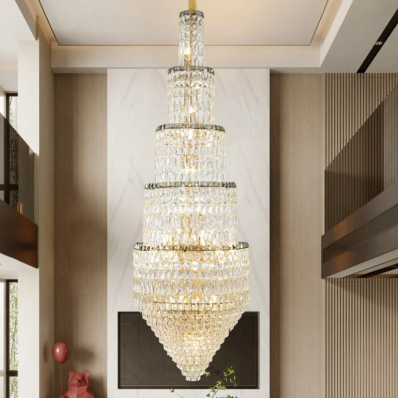DecorBites™ Crystal Hollow Long Chandelier: Elegant Duplex Villa Hall Lighting