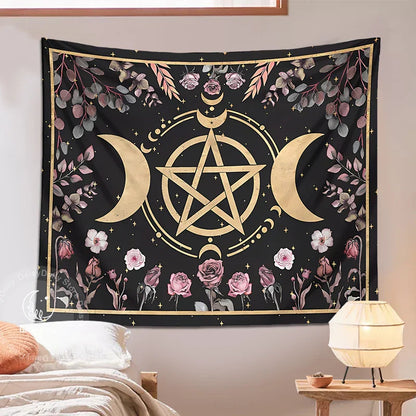 Decobites Botanical Floral Moon Tapestry - Witch Cottage Core Living Room Decor