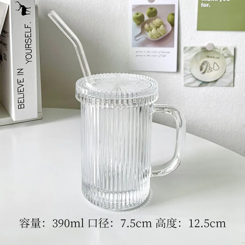 DecorBites™ Glass Straw Cup Set | Japanese Style Coffee Tea Milk Cup with Lid