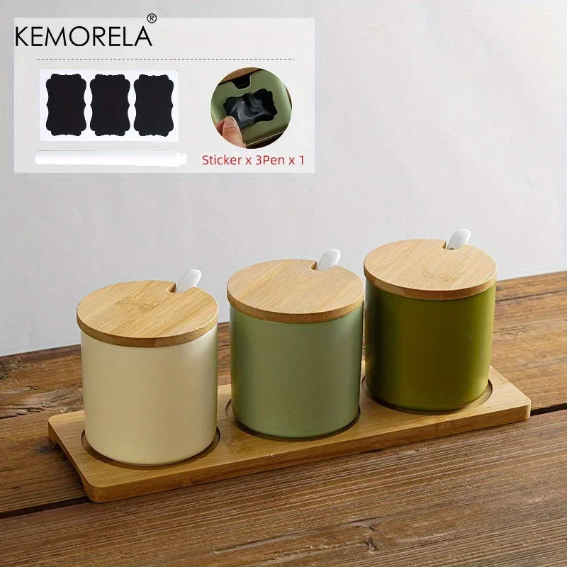 Conjunto de tarros de condimentos de cerámica retro japonesa Decorbites™ con bandeja - Organizador de cocina de 3 piezas