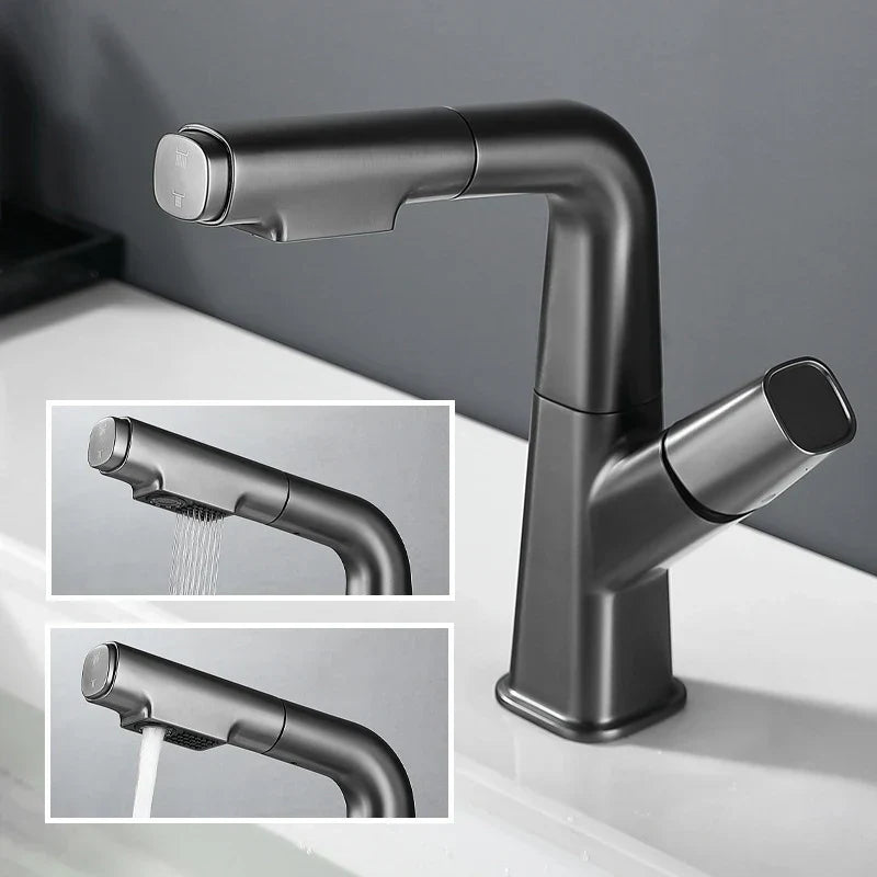 DecorBites™ Brass Basin Faucet: Pull Out, Hot & Cold Mixer, 360° Lift, Bathroom Sink Tap