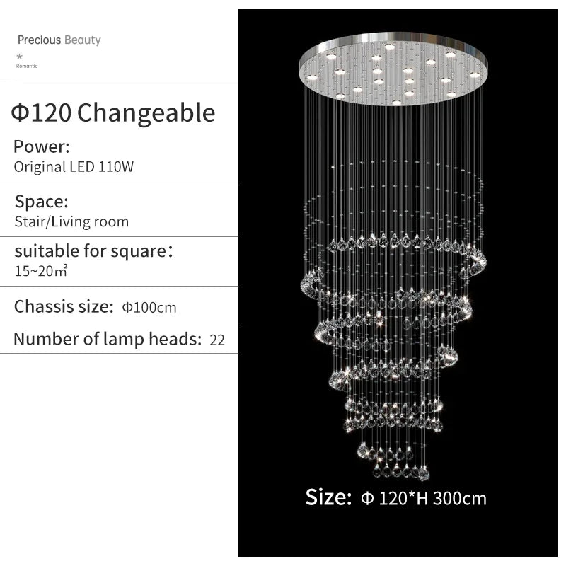 DecorBites™ Crystal Chandelier for High Ceilings Living Room - Modern Luxury Spiral Stair Pendant Lamp