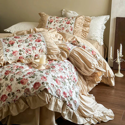 Decobites Vintage Floral Lace Ruffles Bedding Set, 100% Cotton, Duvet, Sheets, Pillowcases