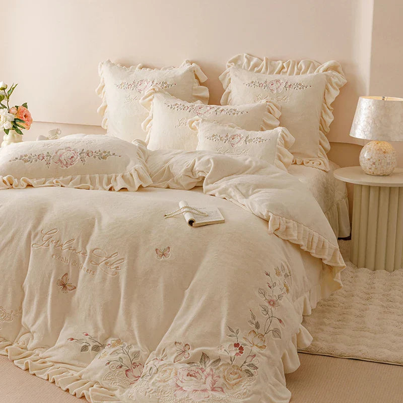 Decobites Butterflies & Flowers Embroidery Ruffles Princess Bedding Set - 4Pcs