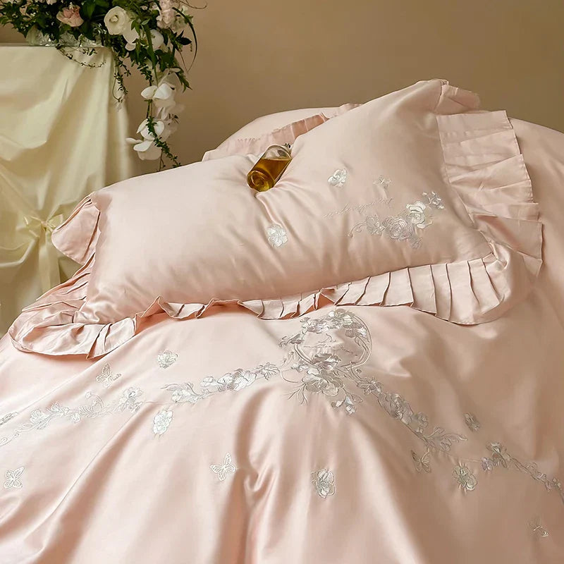 Decobites Princess Ruffles Flowers Embroidery 1000TC Egyptian Cotton Bedding Set