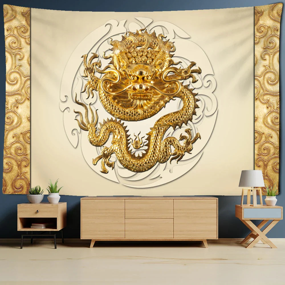 Decobites Golden Dragon Totem Carving Tapestry: Mysterious Psychedelic Wall Hanging