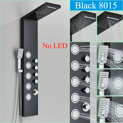 Panel de grifo de ducha DecorBites™ negro con LED, sistema de lluvia tipo cascada y caño de hidromasaje.