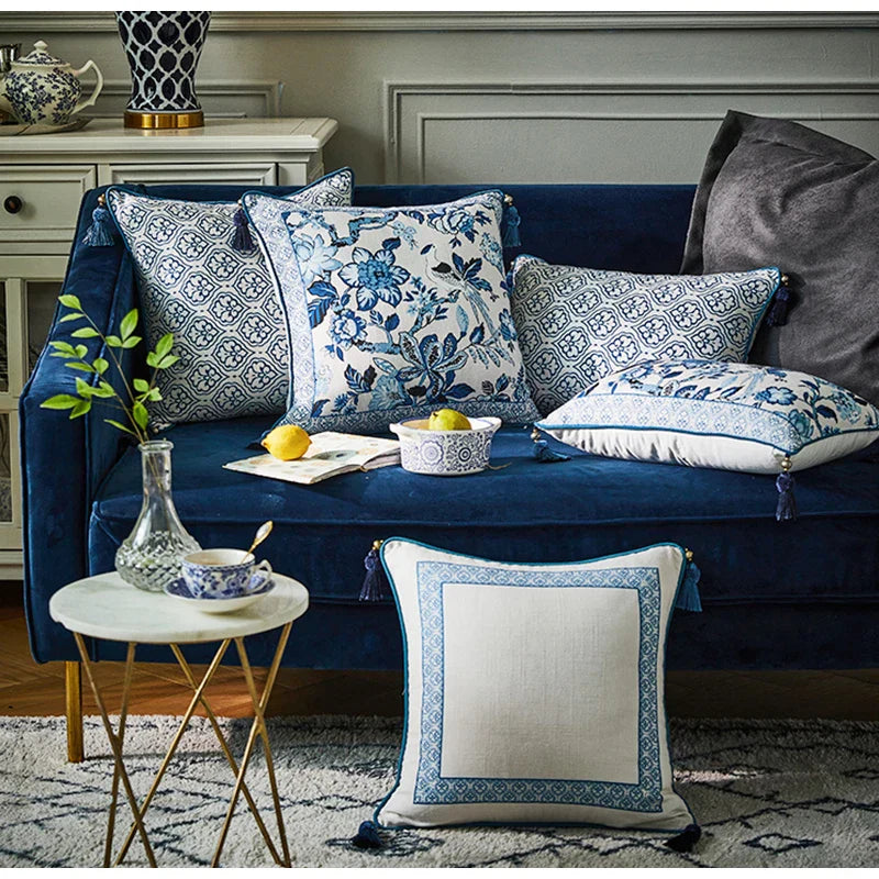 DecorBites™ Chinoiserie Style Blue White Porcelain Birds Floral Lumbar Pillow Case