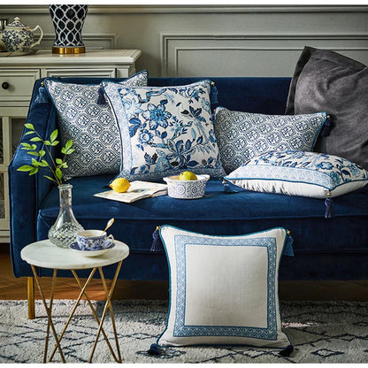 DecorBites™ Chinoiserie Style Blue White Porcelain Birds Floral Lumbar Pillow Case