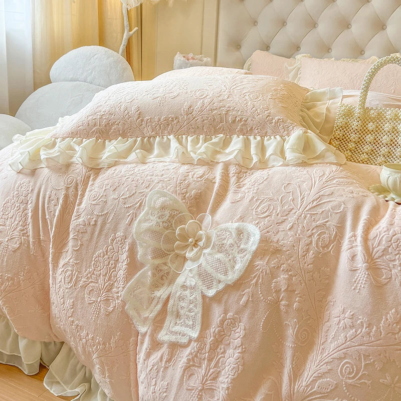 Decobites Pink Velvet Princess Bedding Set with Lace Ruffles and Bow Accents