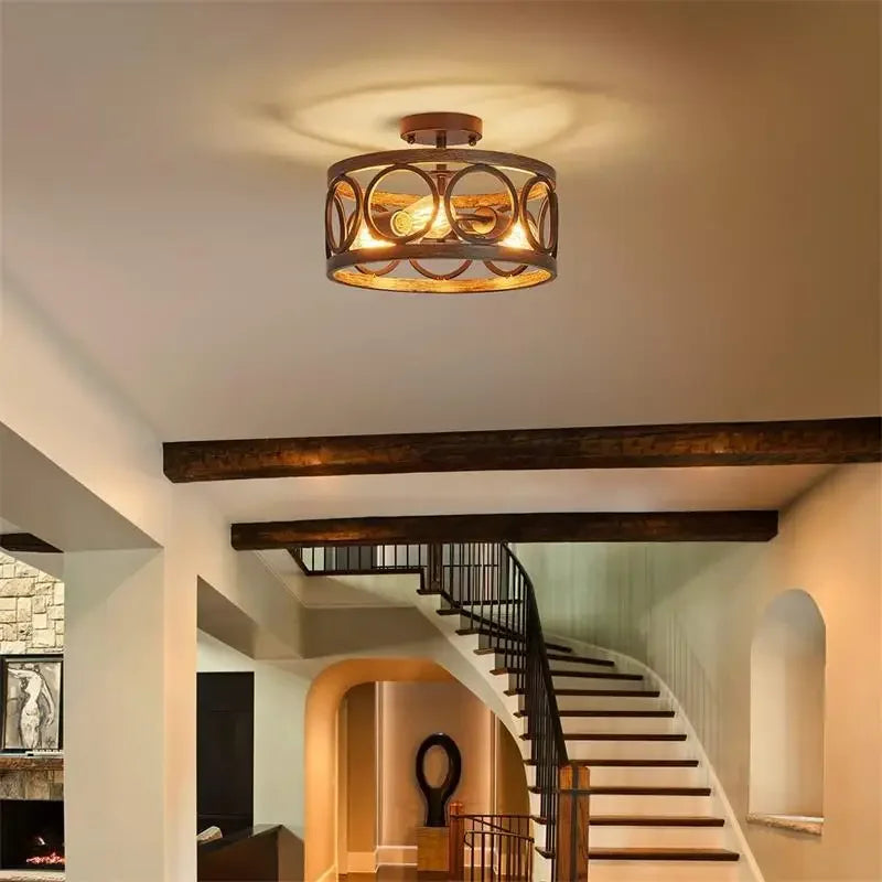 DecorBites™ Industrial Farmhouse Circular Chandelier Retro Iron Art Wood Grain Ceiling Light