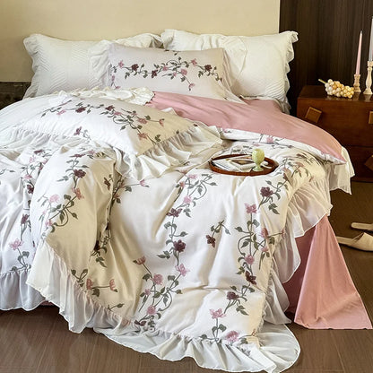 Decobites Lace Ruffles Princess Cotton Bedding Set, Floral Quilt Cover, Girls Wedding Home Textiles