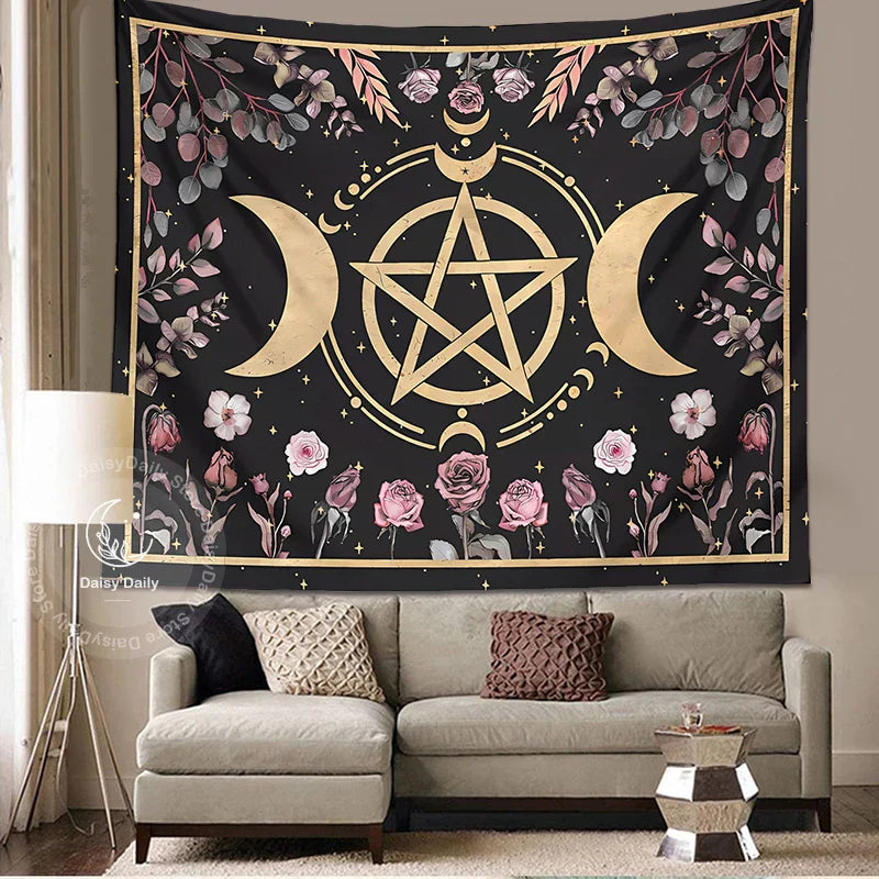 Decorbites™ Botanische Blumen-Mond-Wandteppich – Hexenhütten-Core-Wohnzimmer-Dekoration