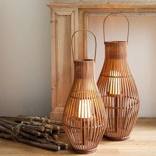 DecorBites™ Bamboo Lantern Candle Holder Vintage Nordic Style Wood Floor Decoration