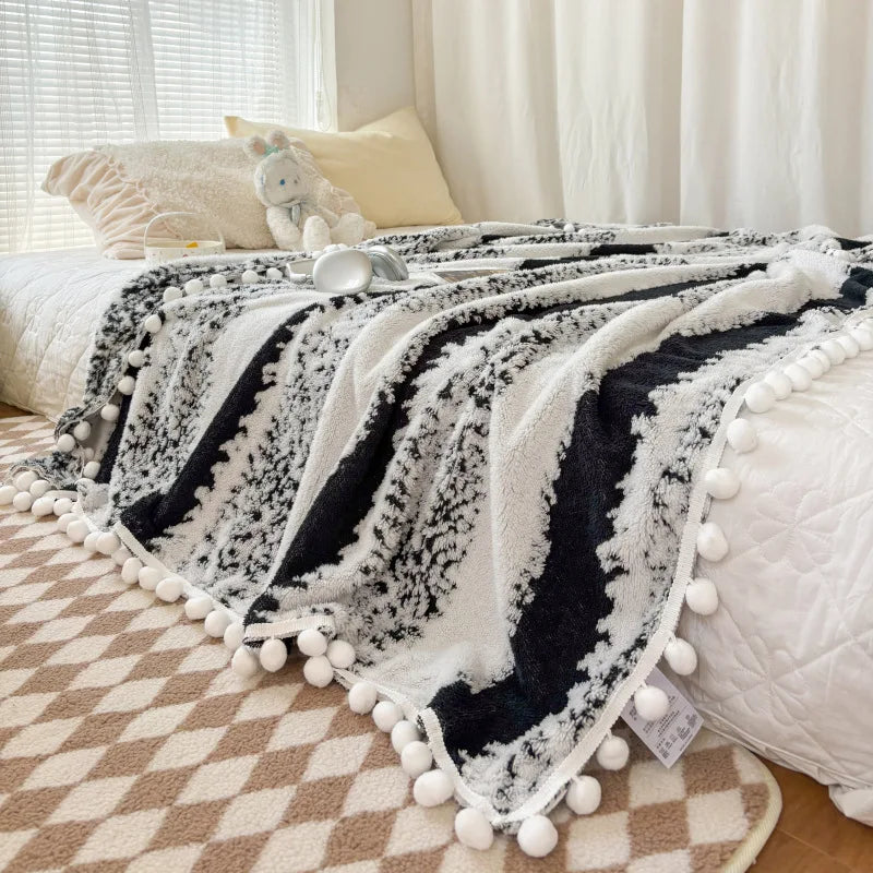 DecorBites™ Jacquard Fluffy Ball Lace Blanket | Double Sided Fluff Warm Sofa Cover