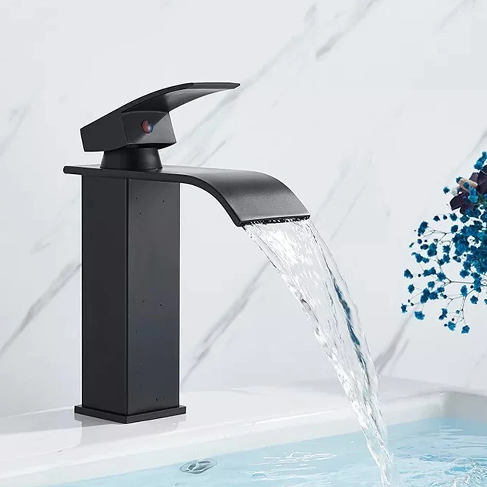 Black Waterfall Bathroom Faucet Basin Vanity Vessel Sinks Mixer Tap Cold And Hot Water Tap Single Hole Bath Sink Faucets Crane