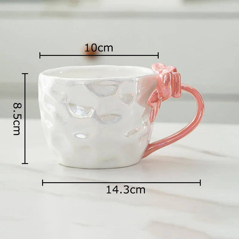 DecorBites™ Bowknot Handle Porcelain Coffee Mug Set - Pearl Glazed Tea Cup Juice Cup