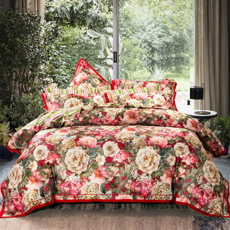 Decobites Vintage Floral Jacquard Cotton Wedding Bedding Set with Duvet Cover, Sheet, Pillowcases