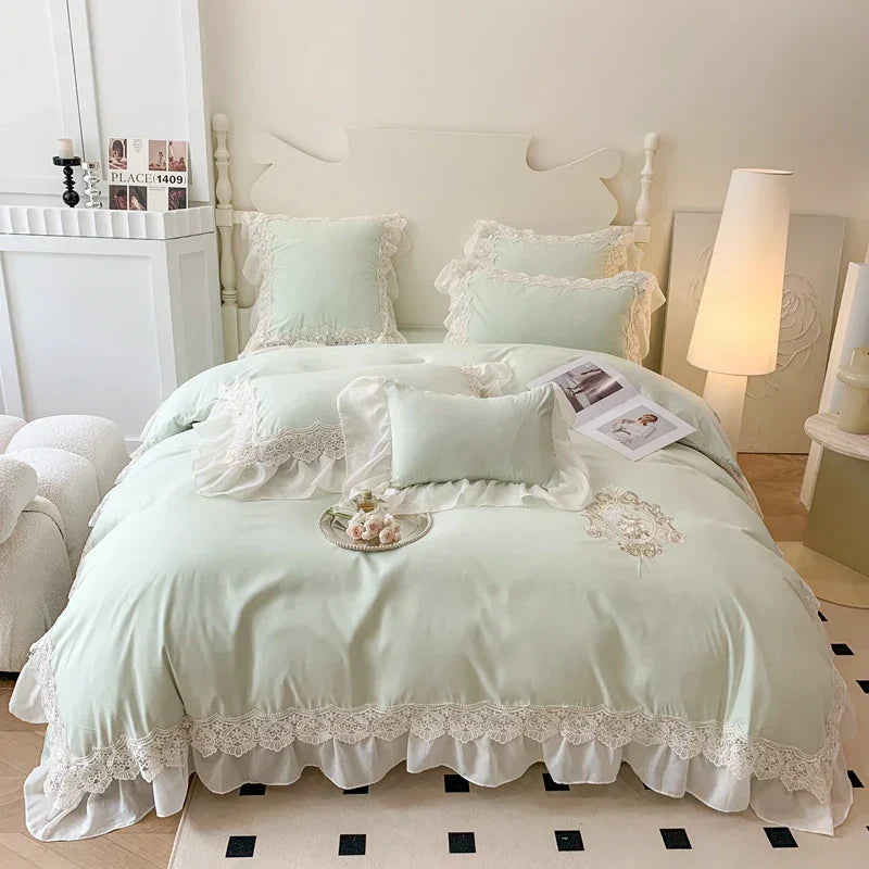 Decobites Matcha Green French Chiffon Lace Queen Bedding Set with Ruffles & Embroidery