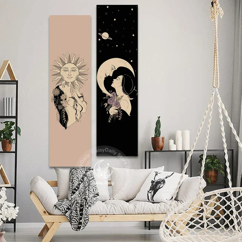 Decobites Sun Moon Wall Tapestry - Boho Aesthetic Room Decor for Living Room & Bedroom