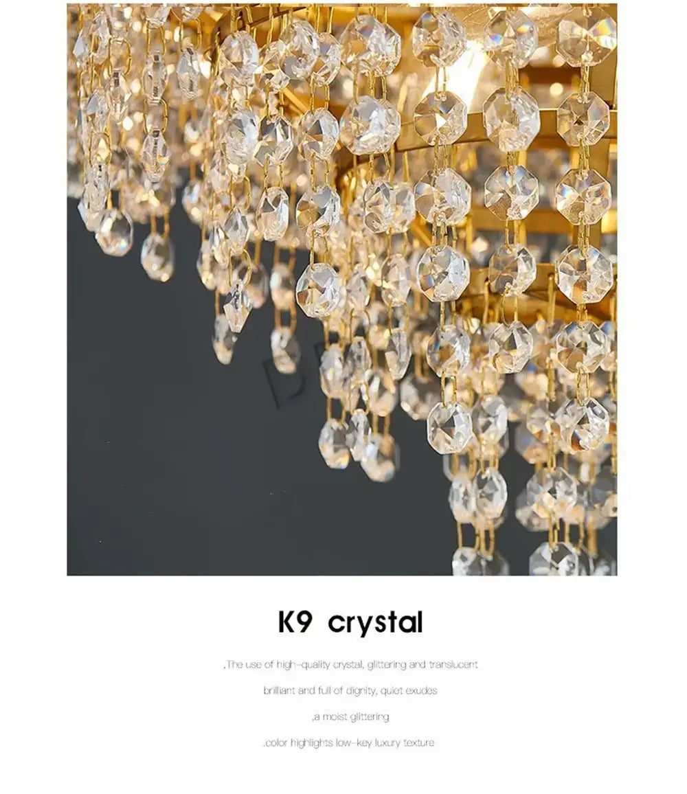 Luxury gold crystal led ceiling chandelier featuring cascading faceted k9 crystal beads suspended from a polished gold-toned frame for living room use.