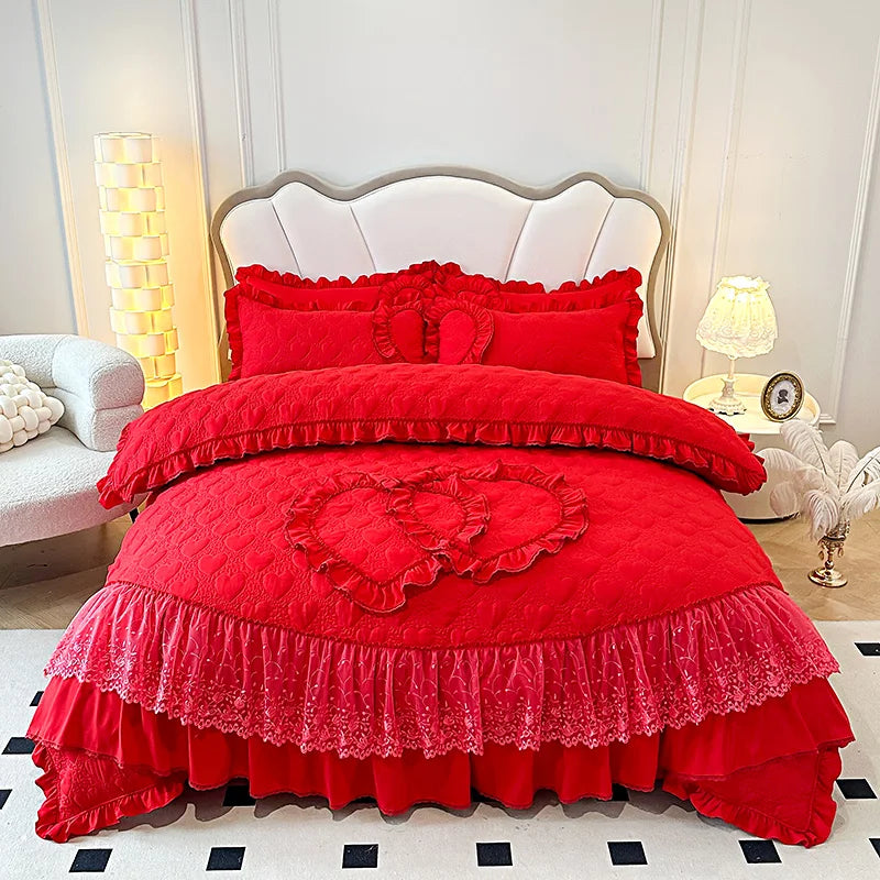 Decobites Korean Princess Style Bedding Set with Lace Ruffles and Love Theme