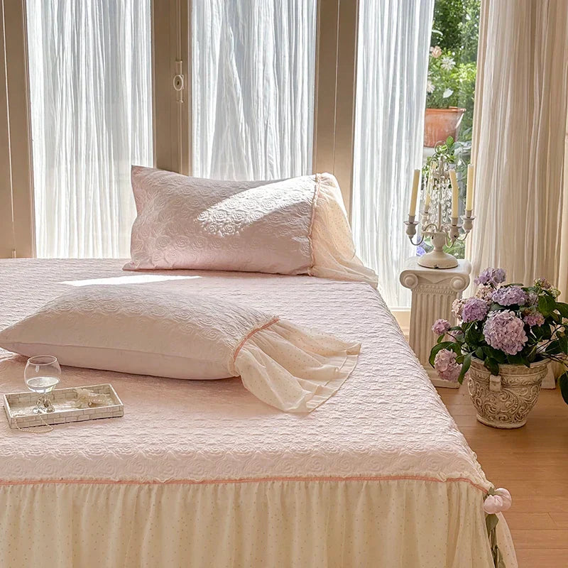 Decobites Silky Eucalyptus Fiber Bedspread Set with Lace Bed Skirt & Pillowcases